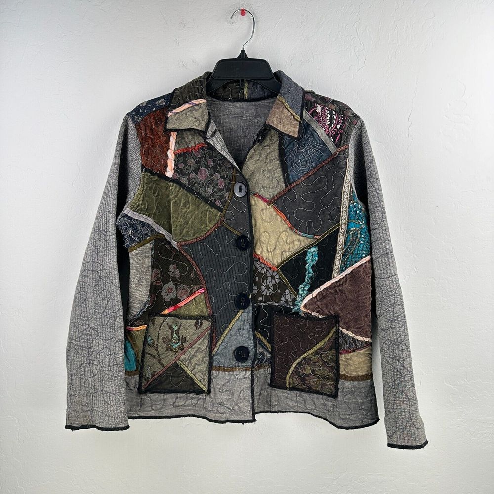 Vintage Parsley & Sage Jacket Womens M Gray Green Cotton Floral Patchwork Boho